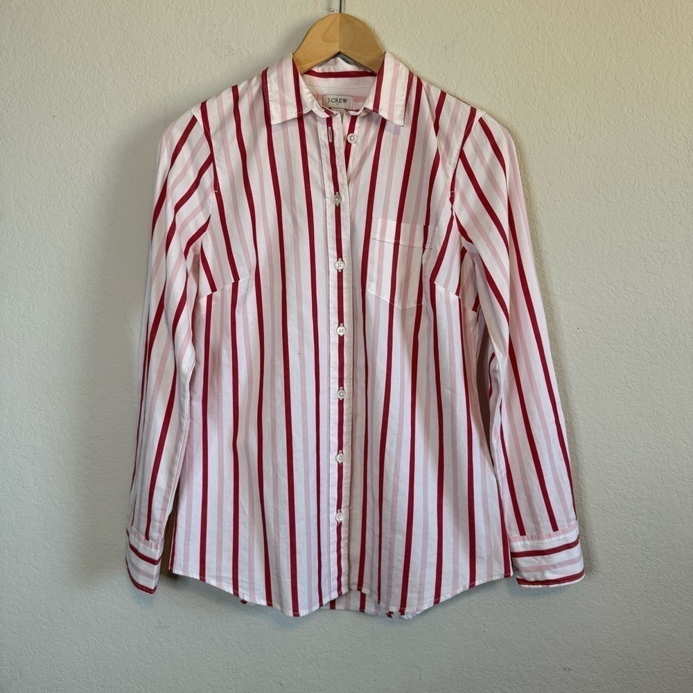 J Crew Lightweight Cotton Blend Button Front Long Sleeve Shirt Red White Stripes